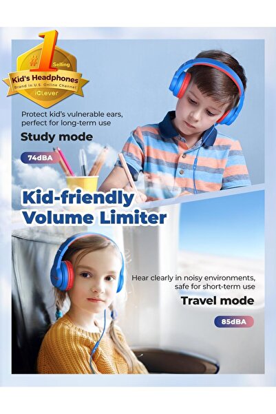iClever سماعات رأس للأطفال مزودة بميكروفون للمدرسة، ومحدد مستوى الصوت 74/85 ديسيبل، سماعات رأس للأولاد تغطي الأذن