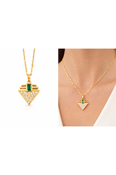 Zirkon Taşlı Geometrik Üçgen Kolye – Gold Renk, Özel Seri