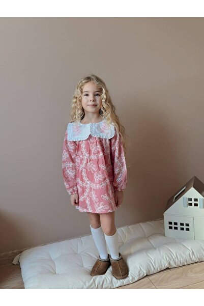 noliva bebek ve çocuk Özel Tasarım Kız Çocuk Vintage Elbise – Nakışlı Geniş Yaka