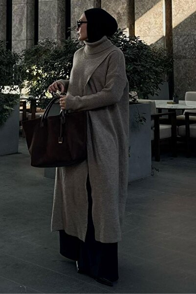 QANU Yırtmaçlı Triko Tunik Vizon