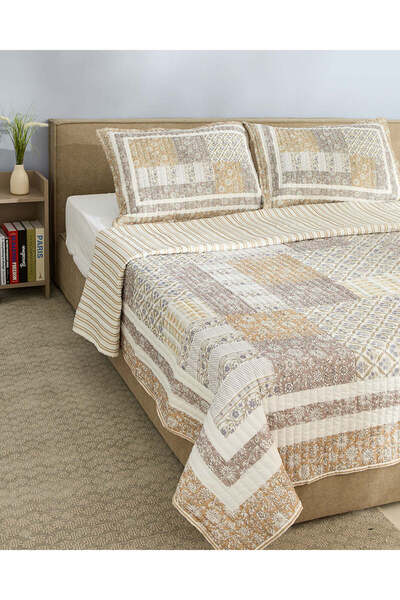REDTAG Beige 3 Piece Patchwork Printed Quilt (King Size)
