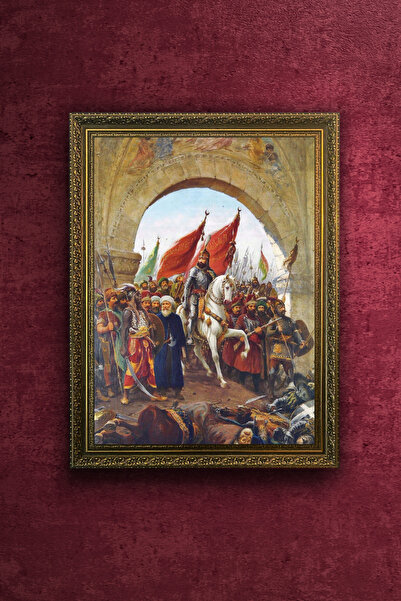 FurelArt Fatih Sultan Mehmet İstanbulun Fethi 1453 Tablosu - Vintage Desenli Çerçeve - Altın Eskitme Çerçeve