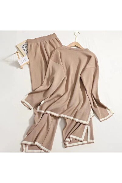 Choice One Size(45-75kg) Khaki Elegant Women Long Sleeve Tops Knitted 2 Piece Suits Casual Woman Knitting S