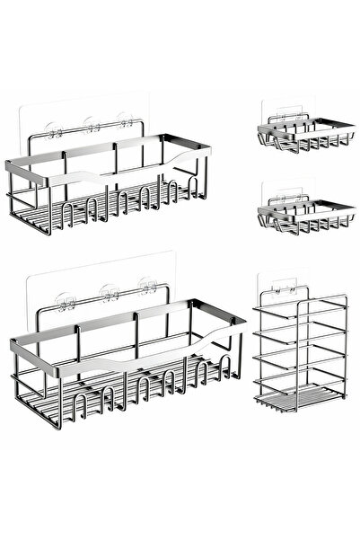 Elindor Set de 5 rafturi de duș Elindor®, raft adeziv, raft de baie, raft cu ...