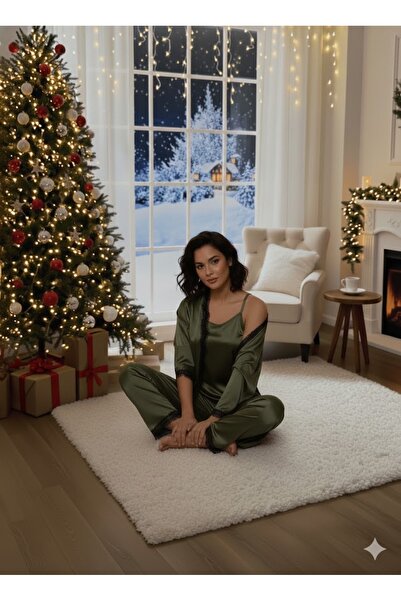 İpek Women's Velvet Triple Robe Solid Color Pajama Set