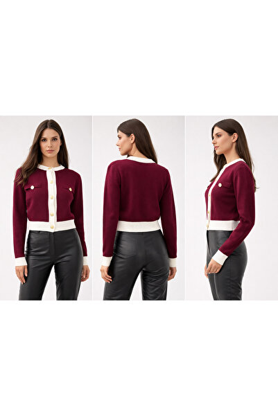 charm butik Women's Gold Buttoned Crop Cardigan with Circular Neckline