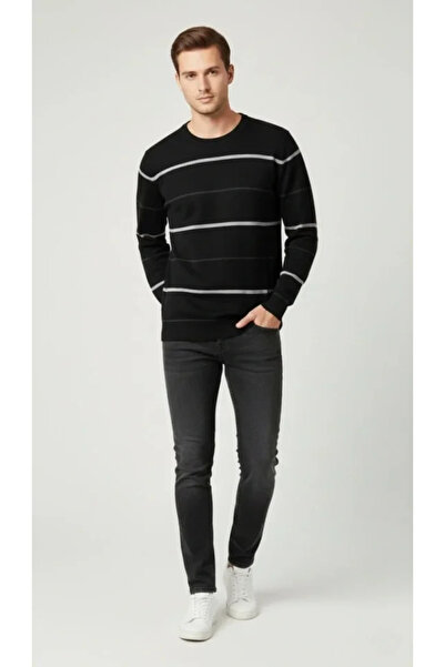 JANES Men's Crew Neck Striped Knitwear Sweater Soft Textured Cotton Fine Weav...