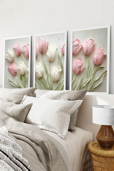 kutuTR Beyaz Çerçeveli 2D UV Baskı 3’lü MDF Tablo Set – Çiçek Temalı - BEYAZ ...