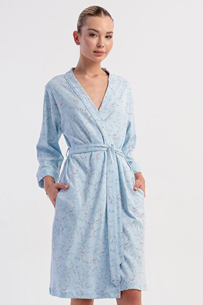 VİENETTA Women's Blue Capri Sleeve Interlock 100% Cotton Belted Dressing Gown C8T3N2305