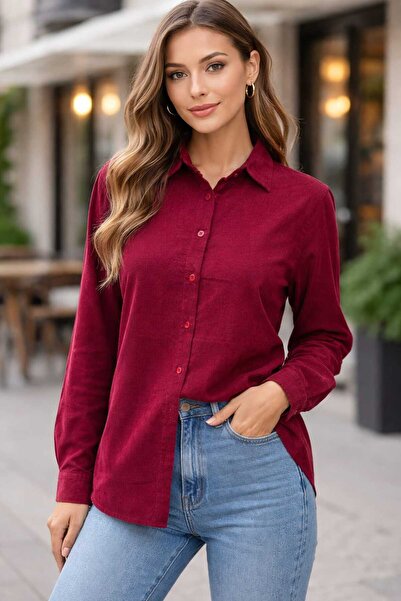 Nuevo Bordo Kadife Gömlek – Uzun Kollu, Düğmeli, Günlük & Şık