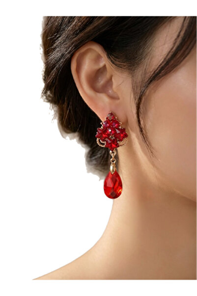 COCOSH TAKI Red Gold Color Drop Model Crystal Stone Stylish Elegant Evening Dress Earrings