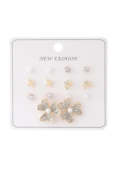 Pazarois طقم أقراط ذهبية اللون مزينة بأشكال الفراشات والنجوم وتفاصيل اللؤلؤ