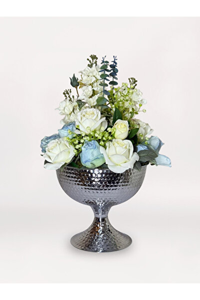 Acarya Design Gümüş Saksıda Mavi & Beyaz Yapay Çiçek Aranjmanı