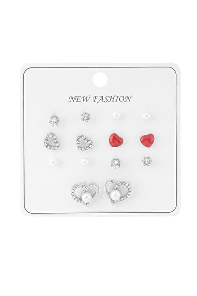 Pazarois طقم أقراط فضية اللون مع تفاصيل على شكل قلب من الأحجار واللؤلؤ