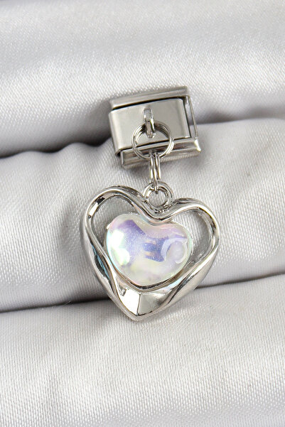 Mustran 316L Steel Dangle Zircon Stone Heart Model Silver Color Nomination Charm