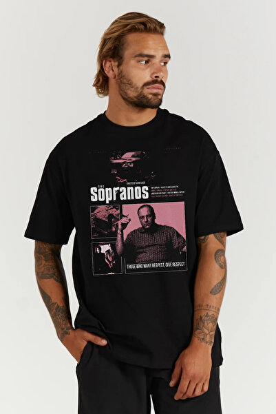 kun inaki Tony Soprano The Sopranos Baskılı Oversize Kalıp Siyah Geniş Bol Ke...