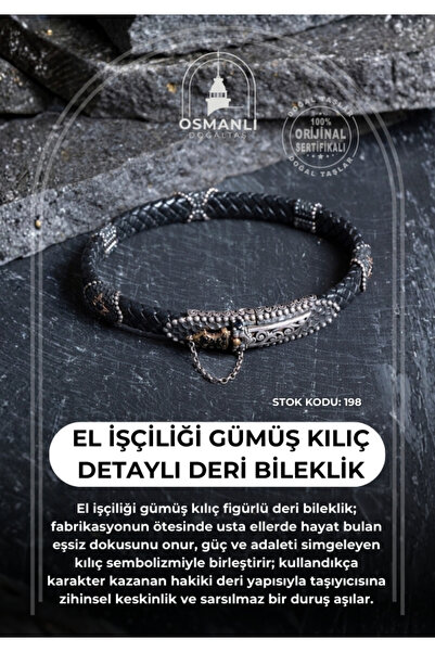 OSMANLI DOĞAL TAŞ Sertifikalı El İşçiliği Gümüş Kılıç Detaylı Deri Bileklik (...