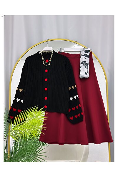YEDİLALE Heart Embroidered Wide-Sleeve Knitwear Cardigan and Flawed Skirt Double Set [Shawl Not Included]