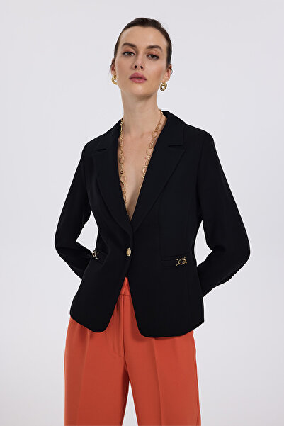 Ekol Süs Çizgi Cepli Tek Düğme Ceket Siyah