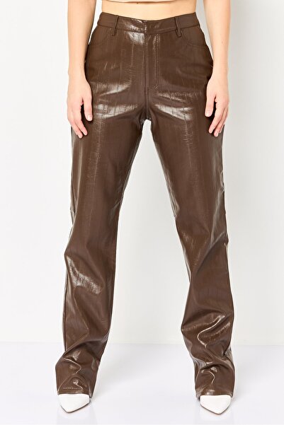 Envii Women Regular Fit Faux Leather Wide Leg Pants, Chocolate Brown