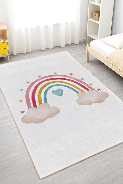 Realhomes Canlı Renklerde Gökkuşağı Desenli Yıkanabilir Dikdörtgen Çocuk Odas...