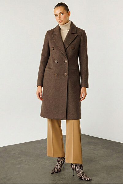 Moda İlgi Modailgi Mono Yaka Fleto Cepli Kruvaze Kaşe Kaban Kahve