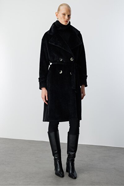 Moda İlgi Modailgi Mono Yaka Kruvaze Alcantara Kaban Siyah