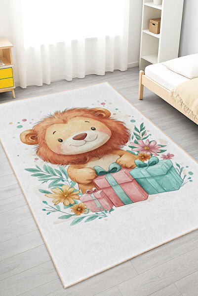 Realhomes Canlı Renklerde Sevimli Aslan Desenli Yıkanabilir Dikdörtgen Çocuk ...