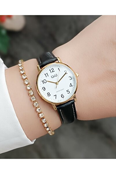 Q&Q Original 2-Year Warranty Leather Strap Gold Case Women's Wristwatch + Bra...