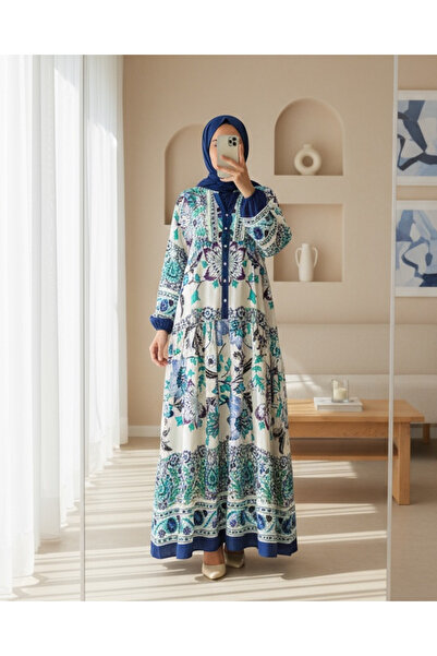 Modamorfo Women's Navy Blue Green Viscose Hijab Dress 2423