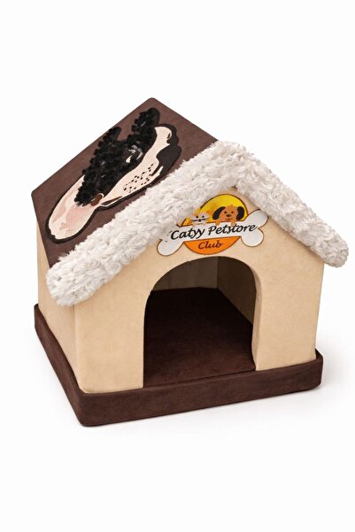 MİO Alt Tabanlı Peluş Kedi Evi Kulübe Tipi Yumuşak Kedi Yuvası – Bej Kahverengi