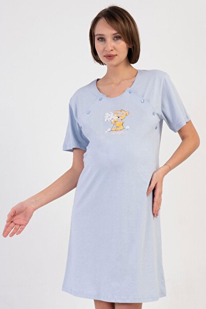 VİENETTA Women's Blue Short Sleeve 100% Cotton Nursing Comfortable Maternity Nightgown C9T7N4804