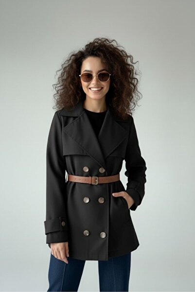 Gülşah collection Double-Breasted Collared Leather Belted Short Trench Coat - Black