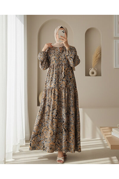 Modamorfo 2423 Authentic Patterned Hijab Dress - A.Grey