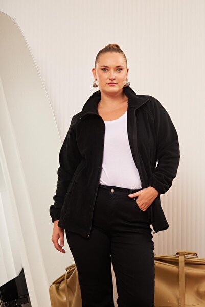 RMG Plus Size Zippered Fleece Cardigan Black