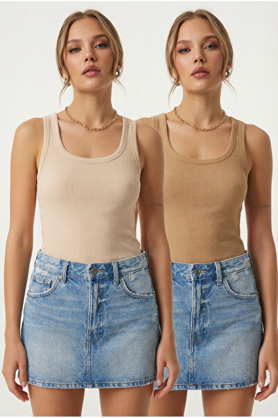 Happiness İstanbul Pack of 2 Knitted Singlets with Straps Corded Fabric