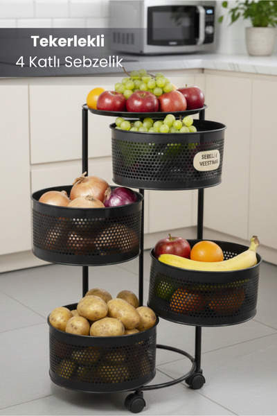 Orvila 4 Katlı Tekerlekli Tepsili Metal Sebzelik Açılır Patates Soğan Meyveli...