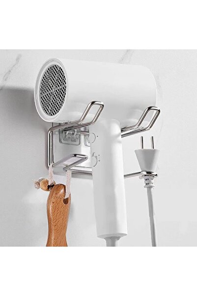 Arabest Wall Mount Hair Dryer Holder, Self-Adhesive Stainless Steel Rack with Hooks for Hair Care Tools & Ba