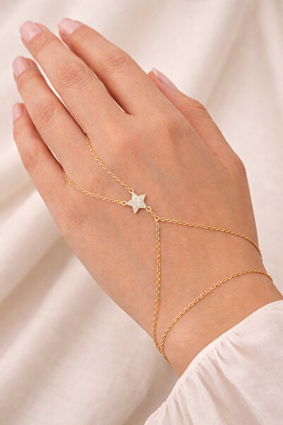 TuQos Gold Color Steel Şahmeran Bracelet – Women's Hand Bracelet with Stone Star Detail
