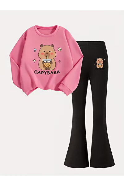 Machetta Children's Capybara Printed Sweatshirt Flared Tracksuit Set