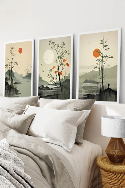 kutuTR Beyaz Çerçeveli 2D UV Baskı 3’lü MDF Tablo–Minimal Doğa Manzaralı Ay V...