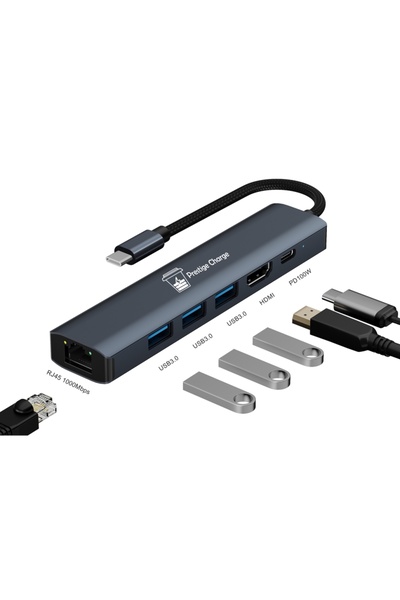 PRESTIGE CHARGE USB-C хъб 6 в 1, Гигабитов LAN, HDMI 4K, PD 100W, 3 x USB 3.0...