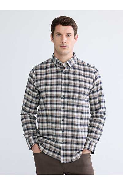 LC Waikiki Beige Regular Fit Plaid Gabardine Men's Shirt