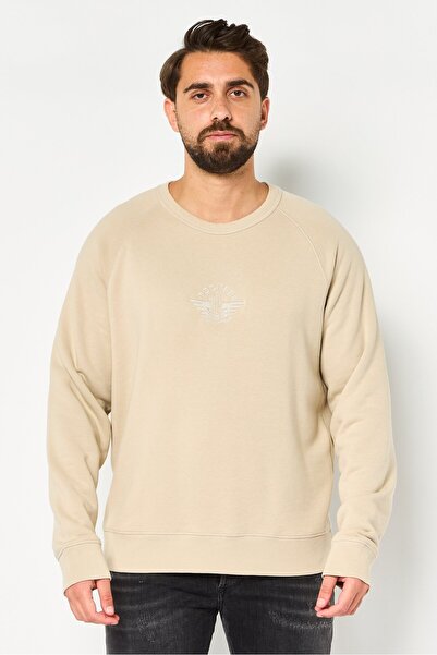 Dockers Men Crew Neck Embroidered Logo Long Sleeve Sweatshirt, Beige