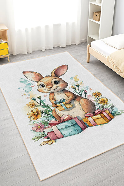 Realhomes Renkli Tavşan Desenli Yıkanabilir Dikdörtgen Çocuk Odası Halısı