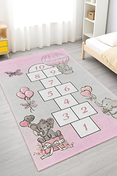 Realhomes Sevimli Fil Temalı Pembe Çocuk Odası Yıkanabilir Dikdörtgen Kaymaz ...