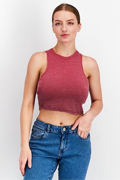 RUNWAY Women Round Neckline Sleeveless Crop Top, Maroon