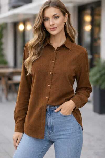 Nuevo Kahverengi Fitilli Kadife Gömlek – Uzun Kollu, Düğmeli, Kadın Kadife Gö...