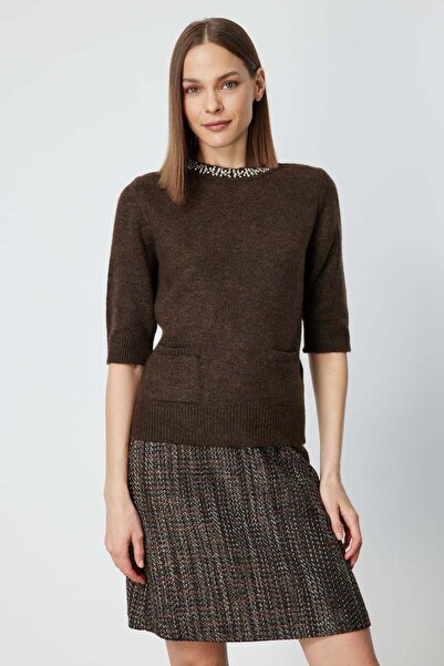 ON Yakası Taşlı Kısa Kollu Triko Kazak