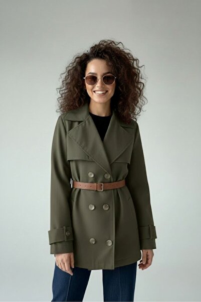 Gülşah collection Double-Breasted Collared Leather Belted Short Trench Coat - Khaki